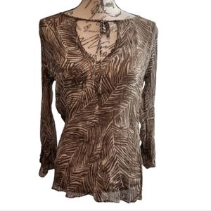 Talbots Top Printed Sheer Mesh Keyhole Tie Front Roll Tab Blouse